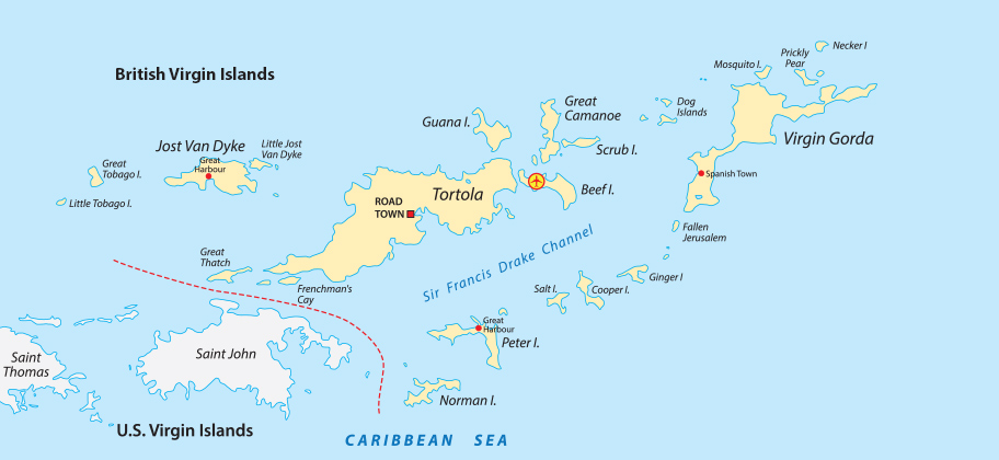 Karte Virgin Islands mit Flughafen Flug Anreise Zürich Schweiz