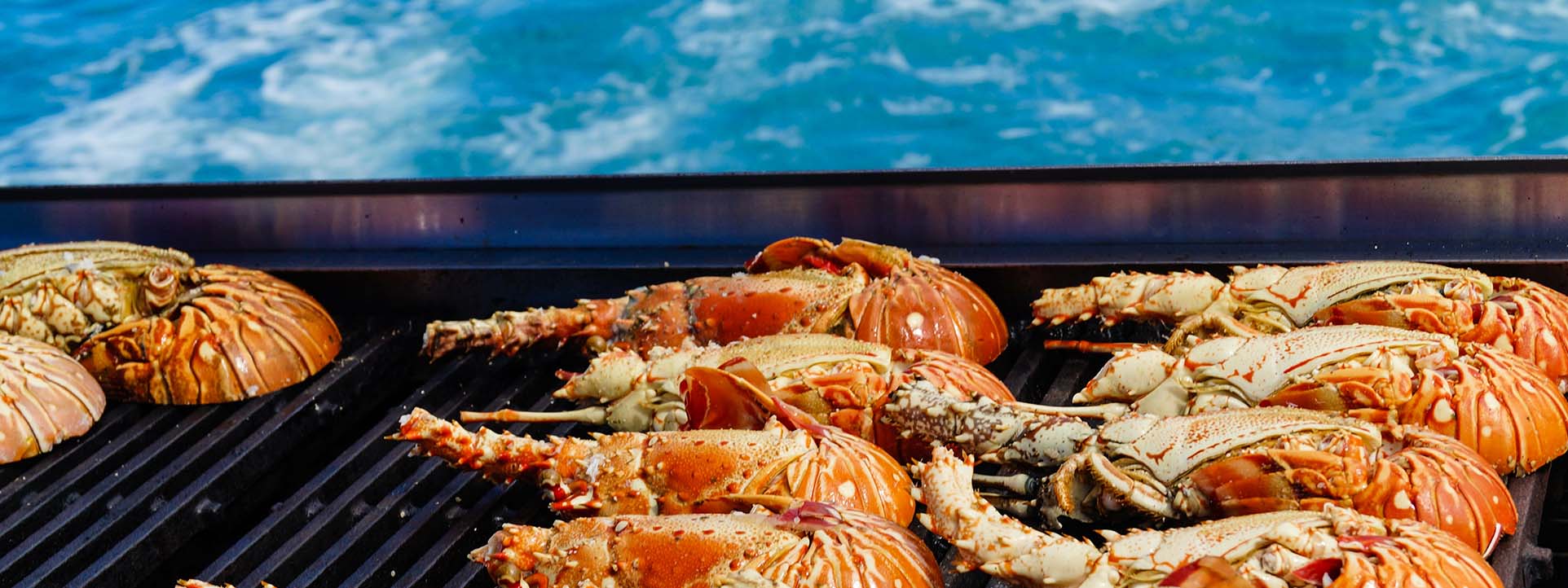 Frischer gegrillter Krebs auf einer Karibik Kreuzfahrt, mit dem türkisblauen Meer im Hintergrund – ein Highlight für Liebhaber von Meeresfrüchten und tropischen Erlebnissen an Bord.
